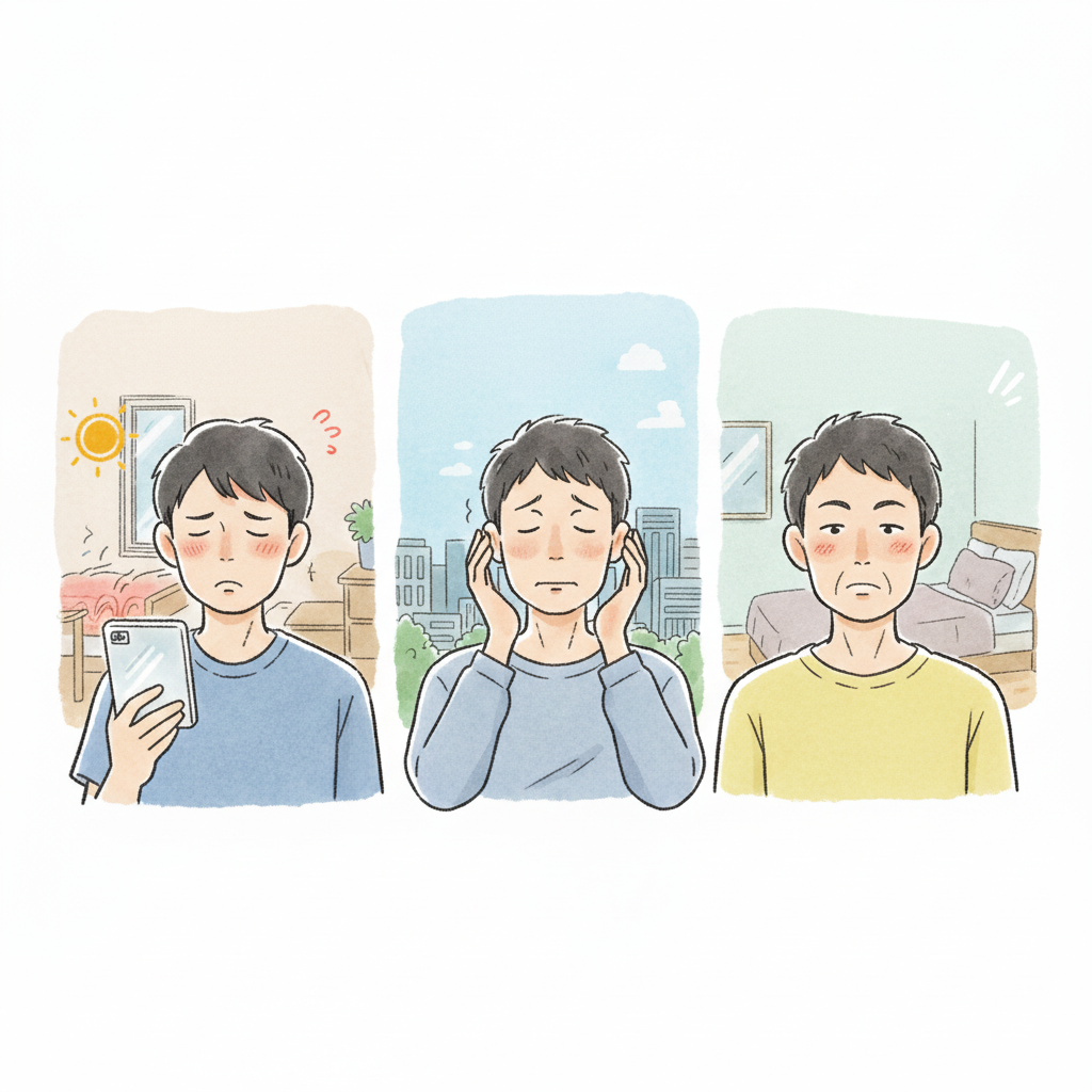 ニキビに悩む男性とスキンケアアイテムのイラスト