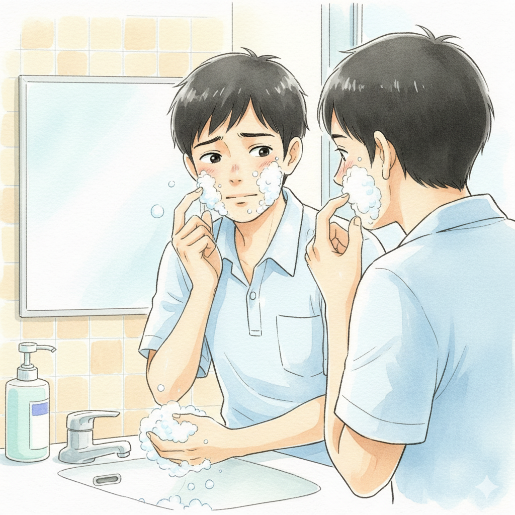 10代男性が洗顔を始める様子のイラスト