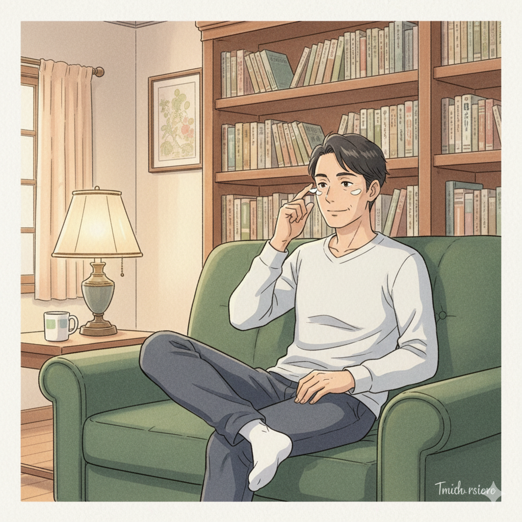 30代男性が鏡の前でスキンケア計画を立てるイラスト