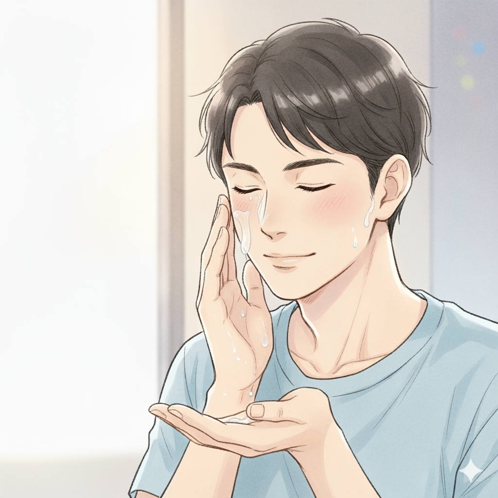 皮脂ケアでテカリ対策をする男性のイラスト