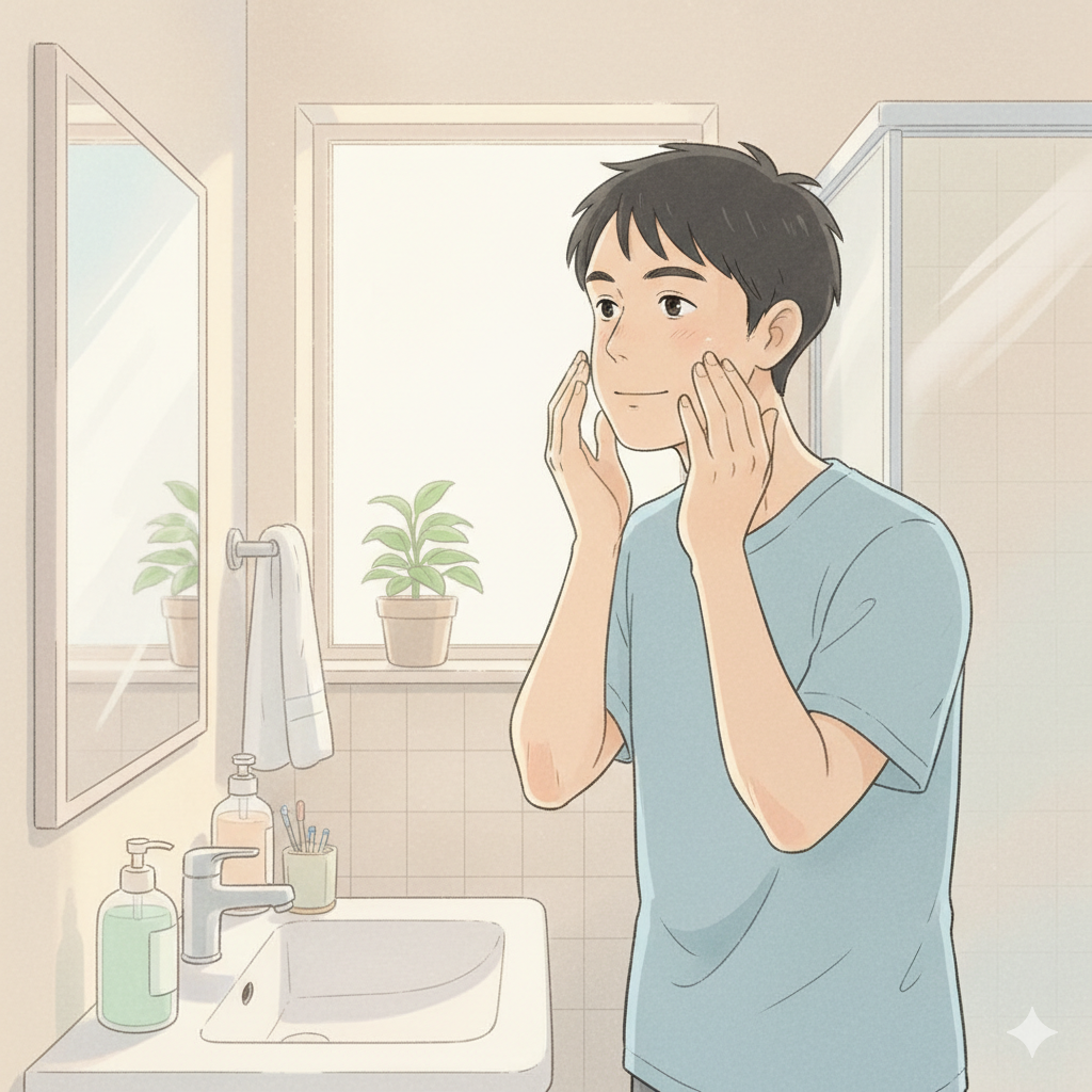 朝の洗面台で頬を押さえ肌の状態を確かめる男性のイラスト