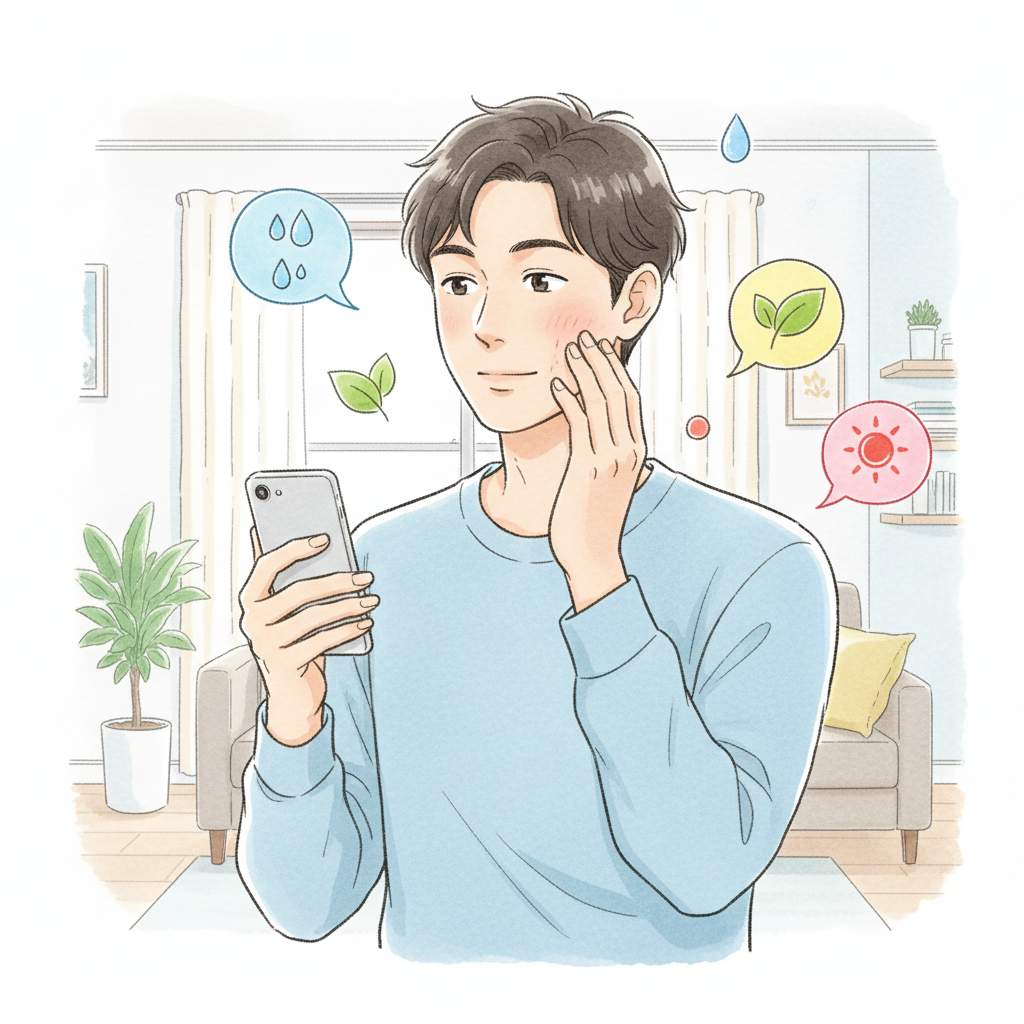 肌質診断の質問に回答する男性のイラスト