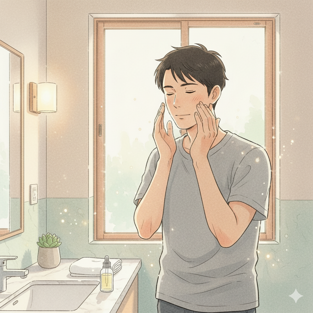 生活習慣を整えて皮脂バランスを調整する男性のイラスト